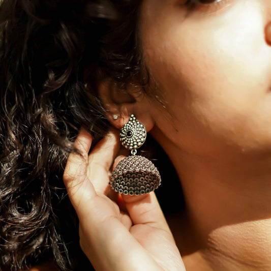 Teejh Dharvi Black Stone Antique Silver Jhumki