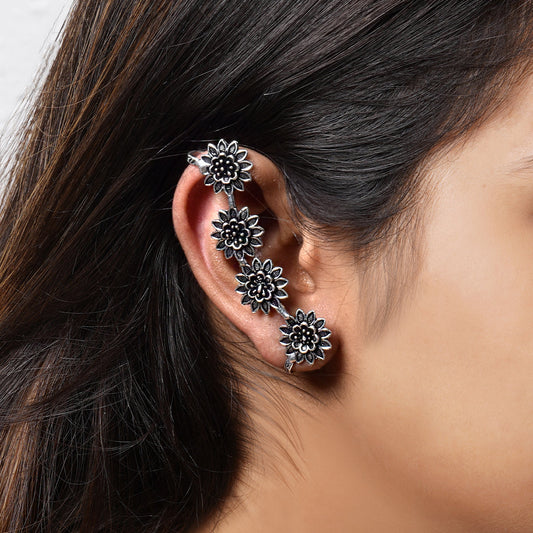 Teejh Panchali Silver Oxidised Floral Earcuffs