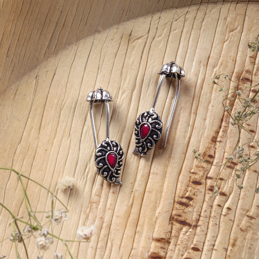 Teejh Mitali Red Stone Silver Oxidsed Clip On Bugadi