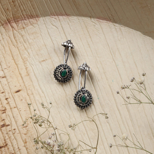 Teejh Nitara Green Stone Silver Oxidised Clip On Bugadi