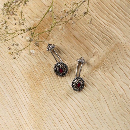 Teejh Nitara Red Stone Silver Oxidised Clip On Bugadi