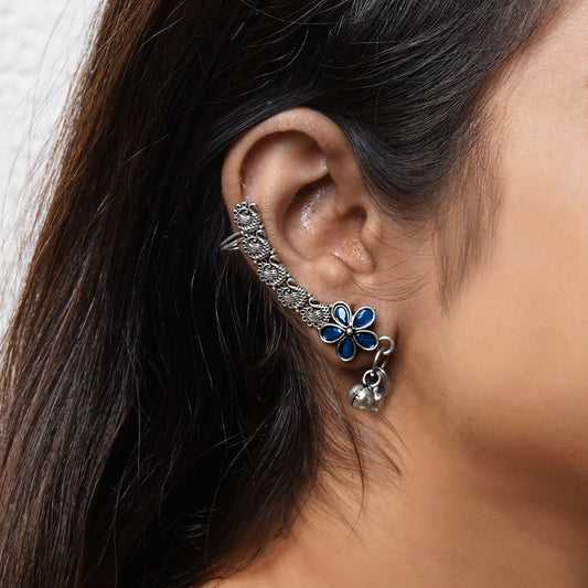 Teejh Viha Silver Oxidised Blue Floral Earcuff