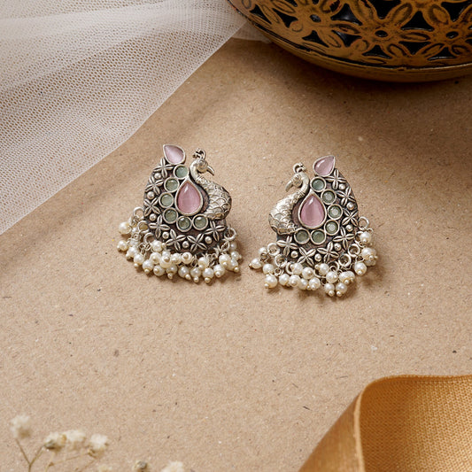 Teejh Nirali Pink & White Silver Oxidised Earrings