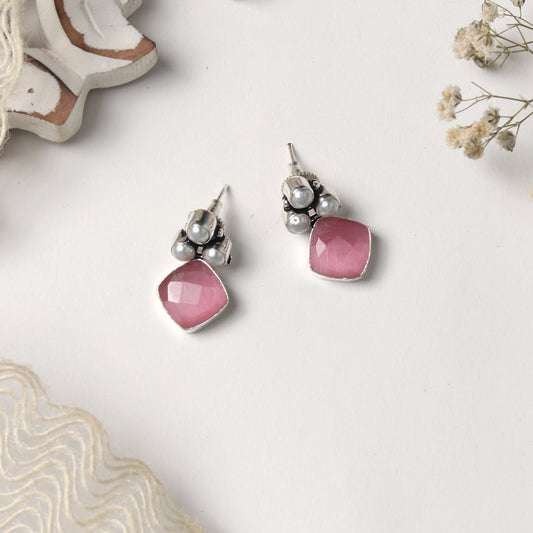 Teejh Delisha Pink Stone Silver Oxidised Stud Earrings