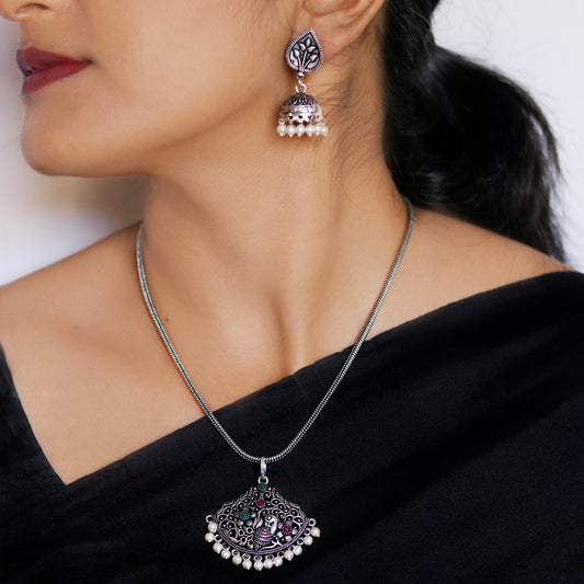 Pavaki Multi Colored Silver Oxidized Pendant Set - Teejh