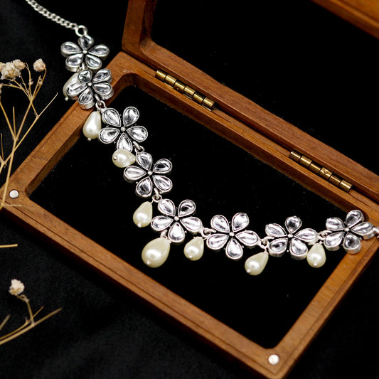Abhita Floral Polki Silver Oxidized Necklace - Teejh