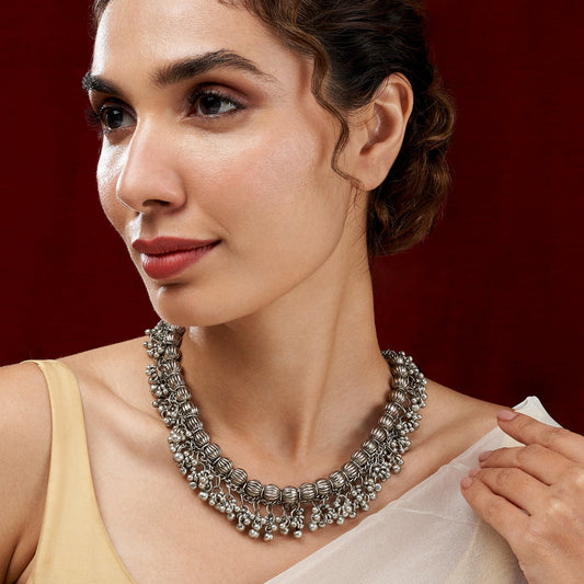 Bodhi Silver Oxidized Gungroo Necklace