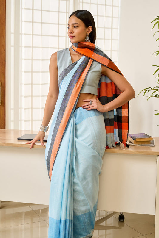 Teejh Blocks Blue and orange Color Block Saree
