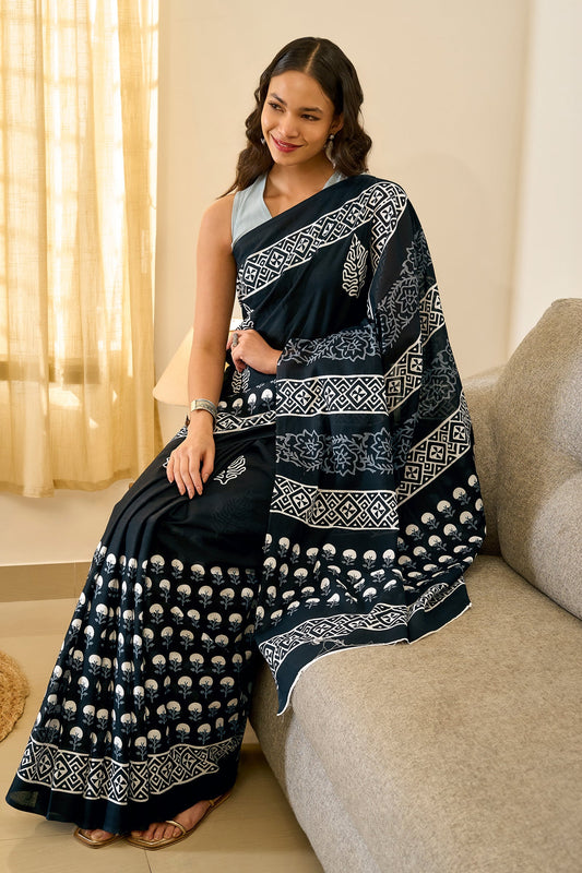Teejh Sarasmi Black Hand Blockprint Saree