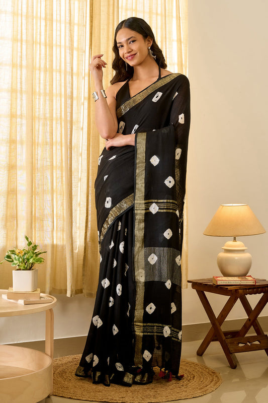 Teejh Aruvya Black Hand Blockprint Saree