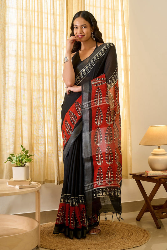 Teejh Rakhina Black & Red Hand Blockprint Saree