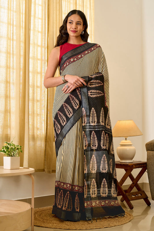 Teejh Mohenyaa Beige & Black Hand Blockprint Saree