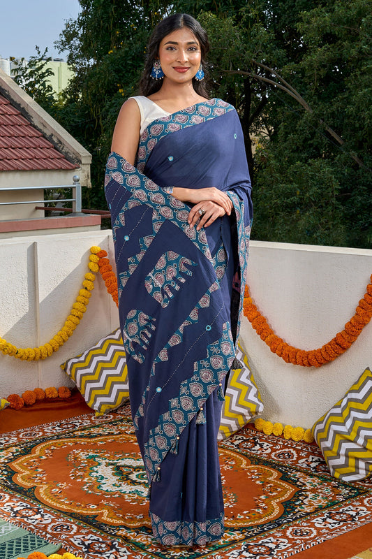 Yajnita Deep Blue Applique & Mirror Work Saree