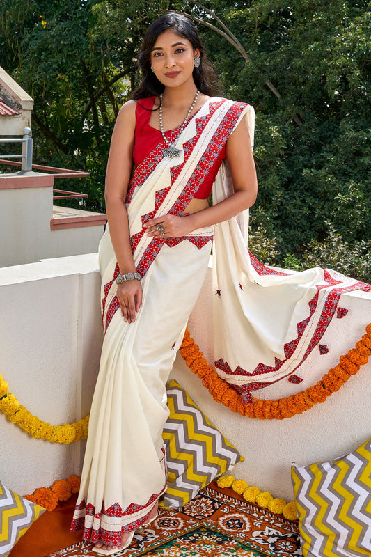 Somikaa Off White Applique & Mirror Work Saree