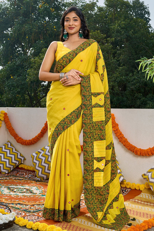 Bhagini mustard and olive green Applique & Mirror Work Saree
