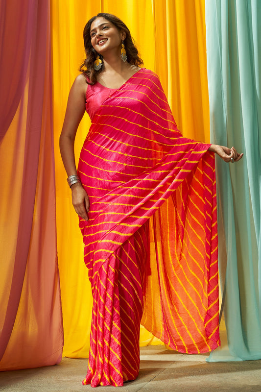 Teejh Sagarika Chinon Pink and Yellow Leheriya Saree