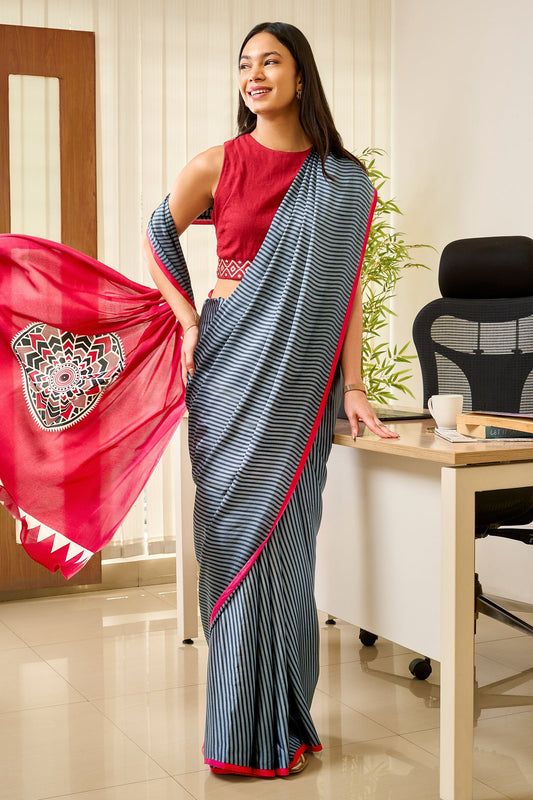 Teejh Niha Grey and Red Digital Print Modal Silk Saree