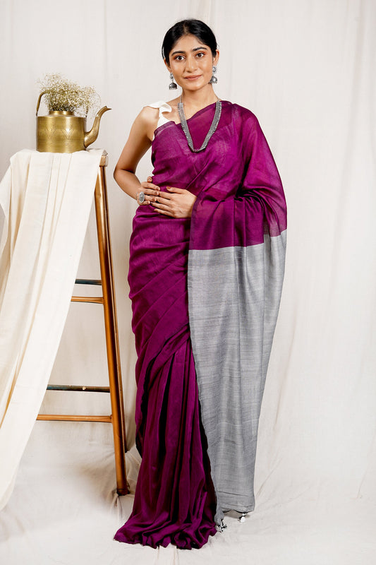 Teejh Raisin Purple and Grey Mulmul Cotton Saree