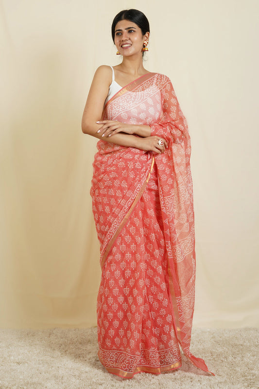 Teejh Warda Peach and White Block Print Kota Saree With Blouse Piece