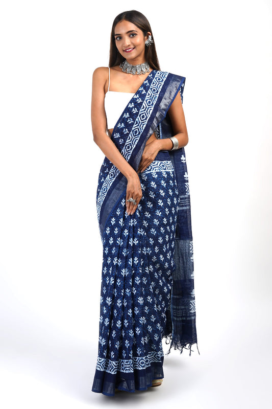 Teejh Bahaar Dark Blue Block Print Linen Saree With Blouse Piece