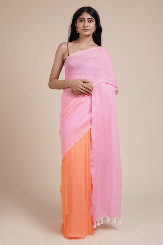 Teejh Iqra Pink & Orange Mulmul Saree