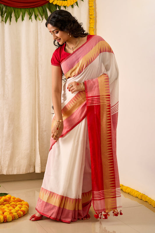 Teejh Aachal White & Red Soft Cotton saree