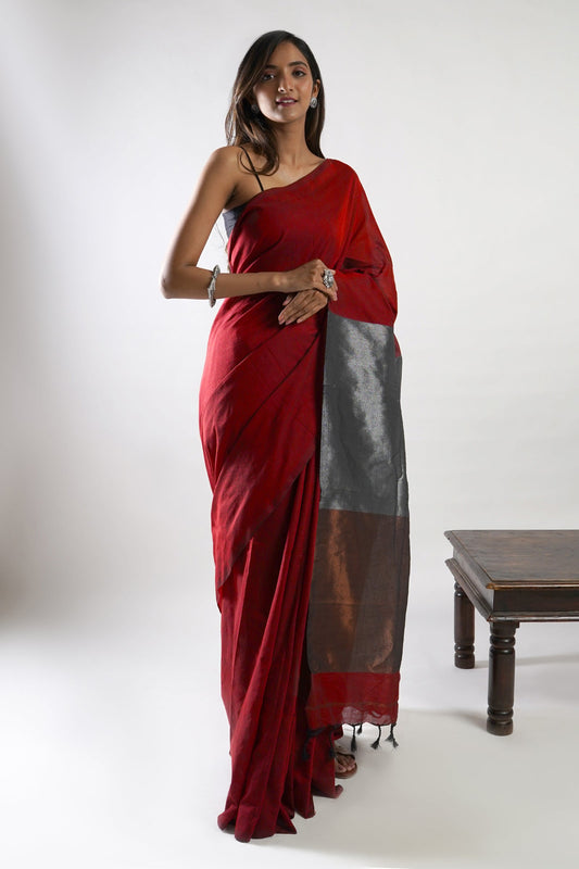 Teejh Urja Maroon Hand Woven Cotton Tissue Saree with Blouse Piece