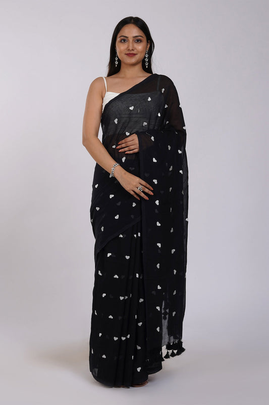 Teejh Chahna Black and White Mul Cotton Heart Embroidery Saree