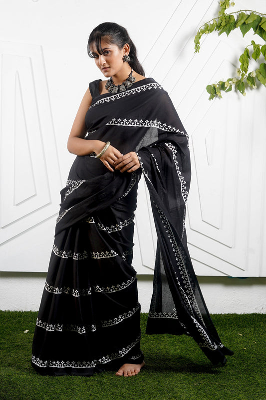 Teejh Chameli Black Print Mulmul Cotton Saree