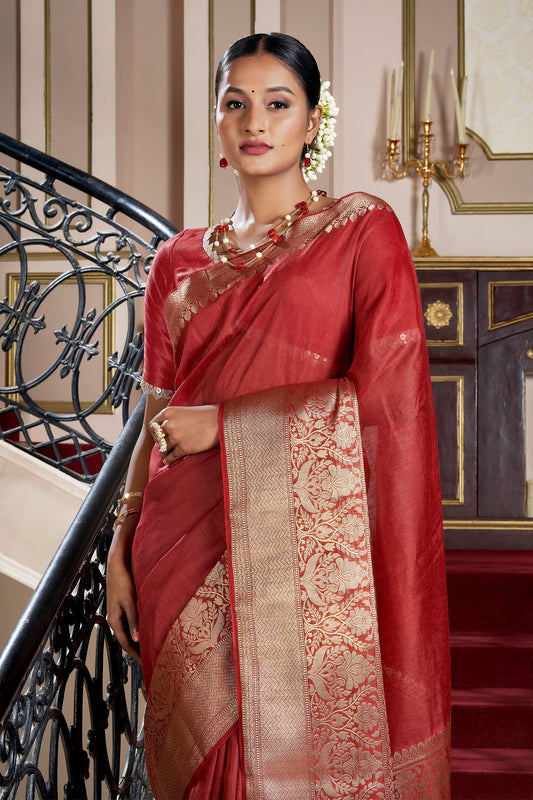 Teejh Narmi Deep Red Banarasi Silk Linen Saree