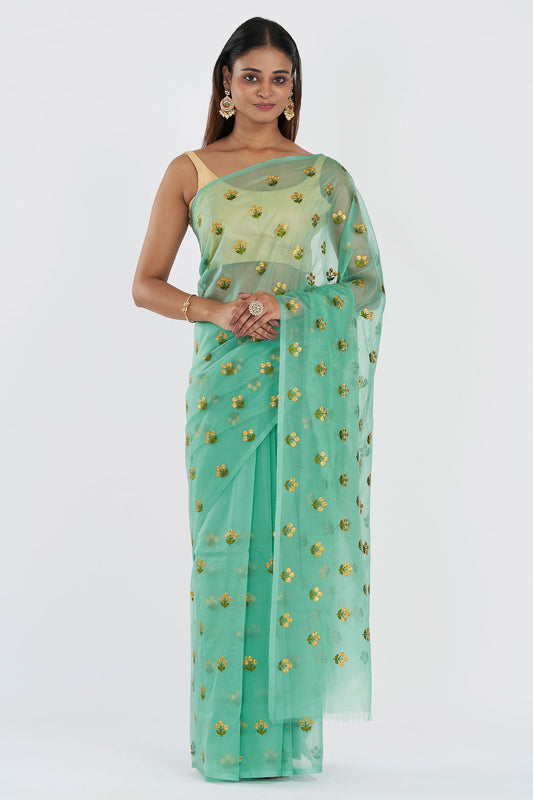 Teejh Nikita Turquoise Kora Organza Silk embroidery work Saree