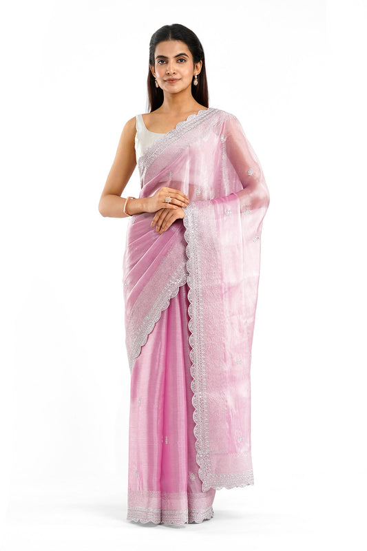 Teejh Geetanjali Onion Pink Shimmer Tissue Saree