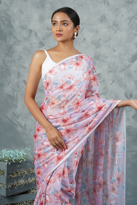 Teejh Grey Blossom Digital Print Chiffon Saree