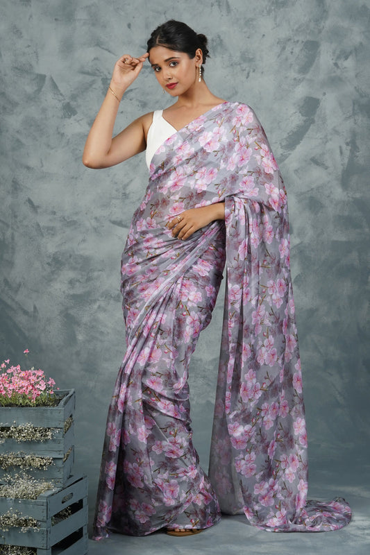 Teejh Blushing Slate Digital Print Chiffon Saree