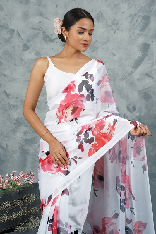 Teejh Ivory Rouge Digital Print Chiffon Saree