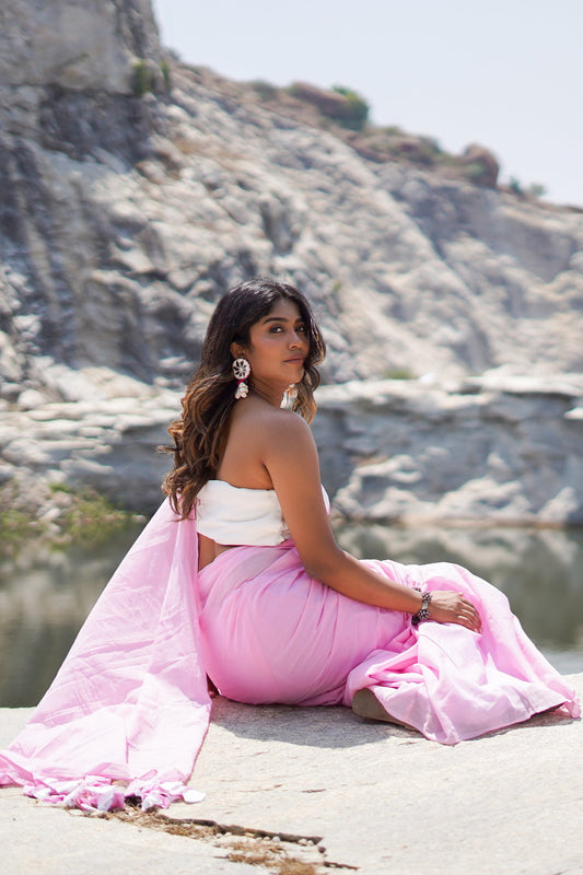 Teejh Teaberry Light Pink and White Mulmul Saree