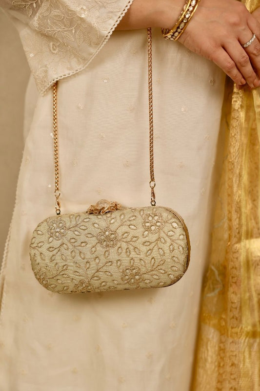 AMYRA - Tarang Cutwork Capsule Clutch - Light Gold