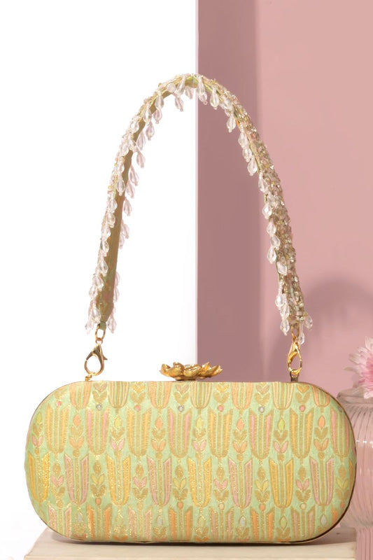 AMYRA - Titli Pure Banarasi Silk Capsule Clutch - Green