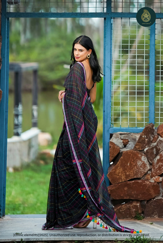 Chandani Black Checks Mul Cotton Saree with Hand Kantha Work
