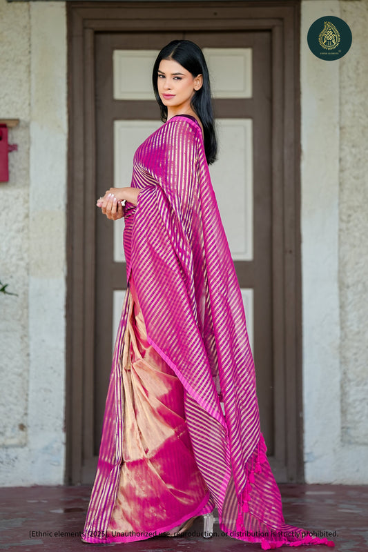 Mul Cotton Tissue Wine And Gold Striped Saree - Amethyst Panel