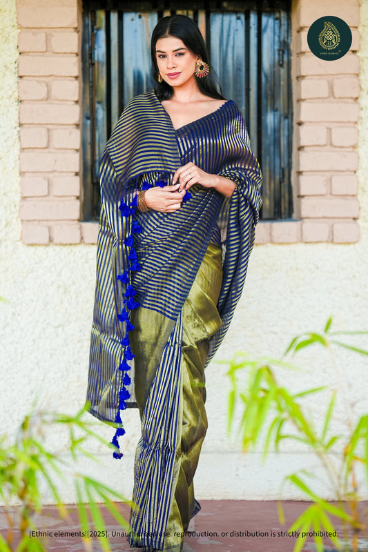 Mul Cotton Tissue Blue And Olive-Gold Striped Saree - Sapphire Panel