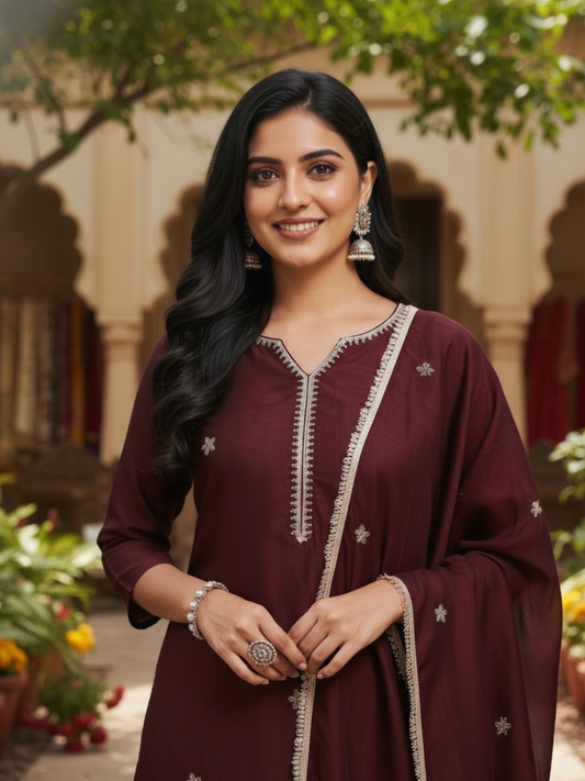Coffee Embroidered Silk Kurta with Dupatta Set | silk kurta set for women | frontside half view
