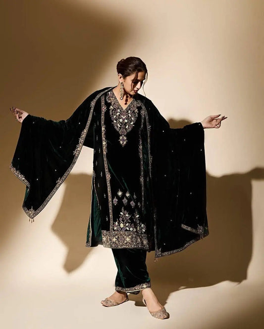 Viscose Velvet Sequence Embroidery Work Designer Party Wear Velvet Kurti Palazzo Dupatta Set (Ready to Wear) Ethenika.com