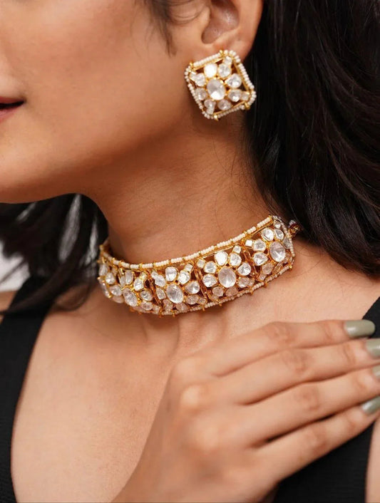 Mythili Pearl And Moissanite Choker | Gold Polish
