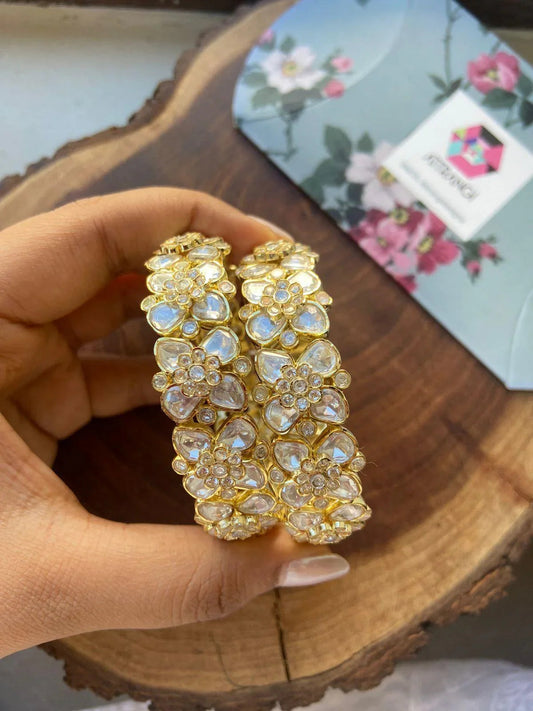 Moissanite 3D floral Polki Indian Kada In Gold Polish