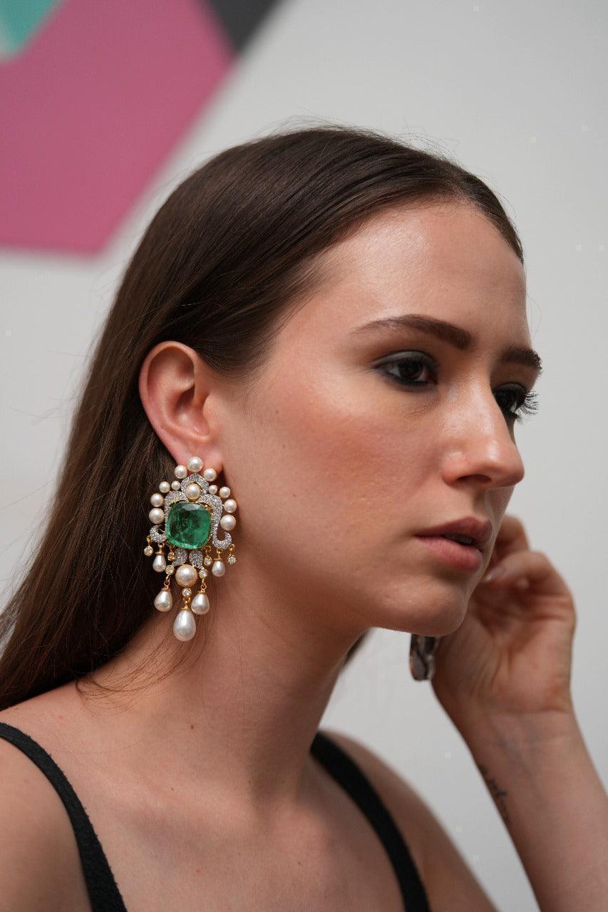 Oversized Pearly Russian Emerald Designer Diamond Earrings