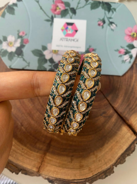 Gayatri Moissanite Indian Kada | Meenakari Epoxy - Green