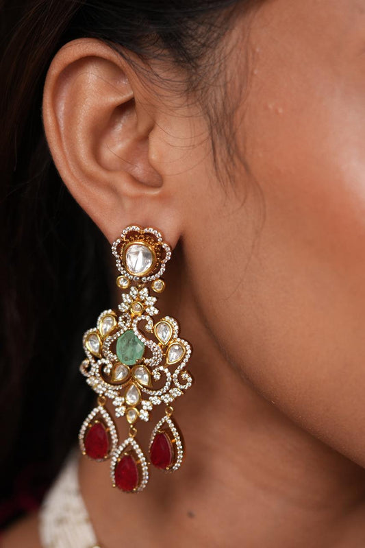 Meena Ruby Mint Moissanite Polki Necklace Set with Tika