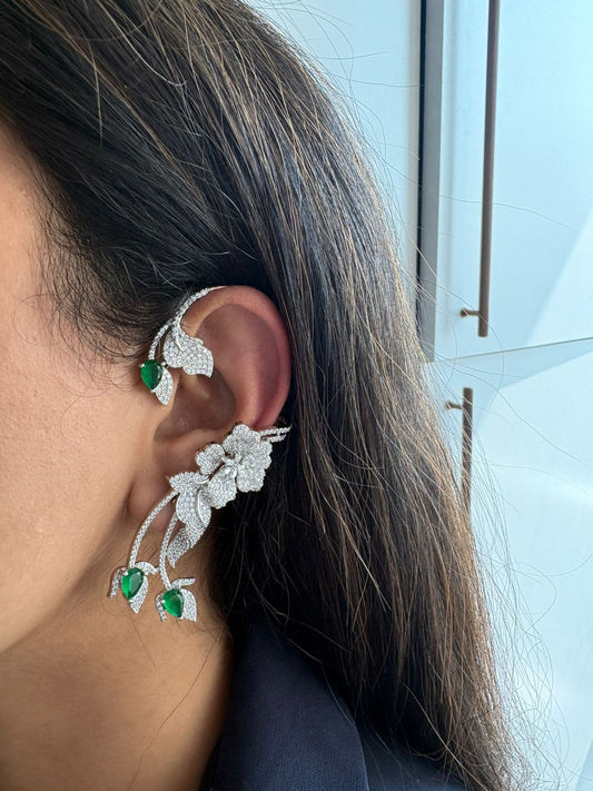 Starry Night Floral Diamond Designer Earcuff | Silver Polish