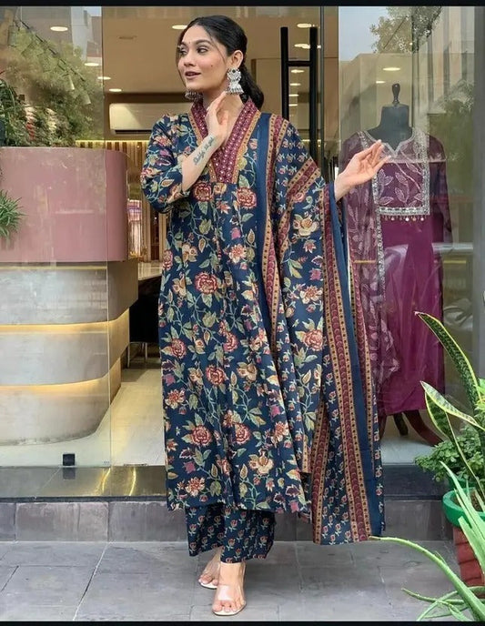 Women's Printed Cotton Anarkali Kurta & Pant With Dupatta Set